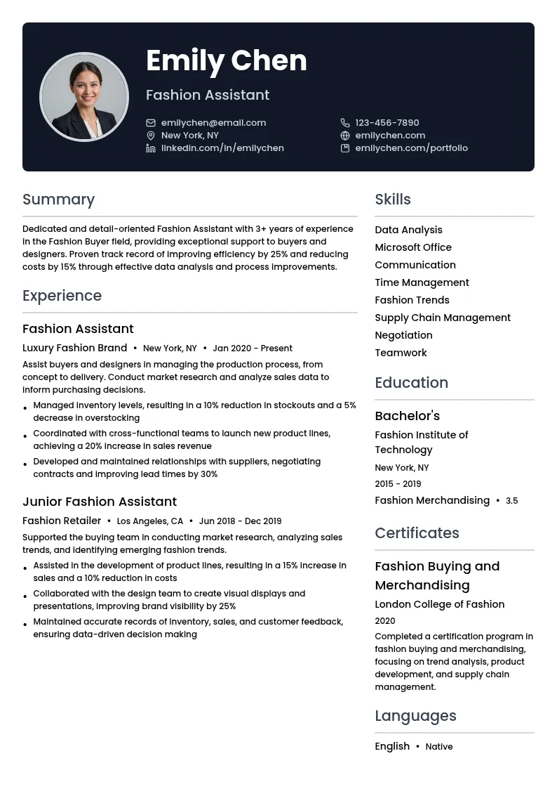 Fashion Assistant resume example
