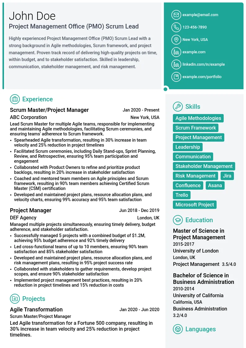 Project Management Office (PMO) Scrum Lead resume example