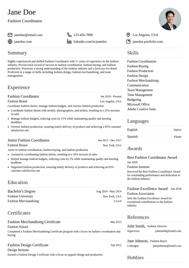 Fashion Coordinator resume example