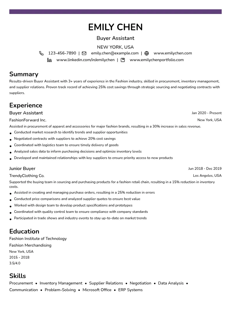 Buyer Assistant resume example