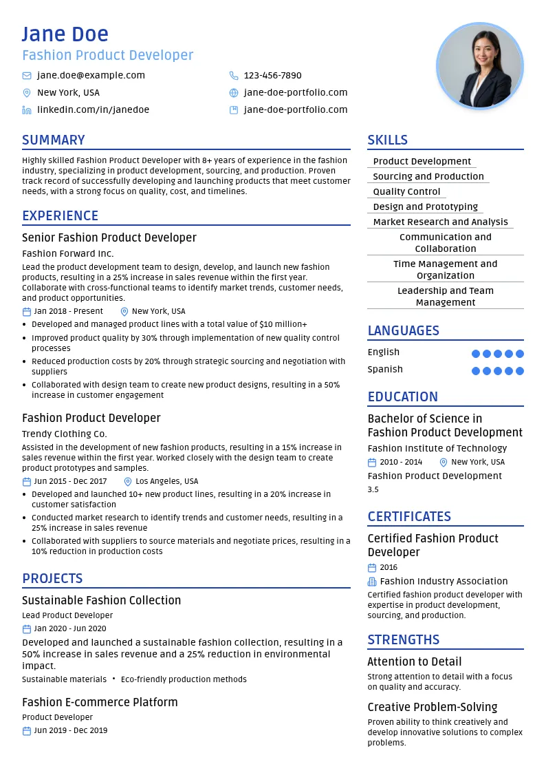 Fashion Product Developer resume example