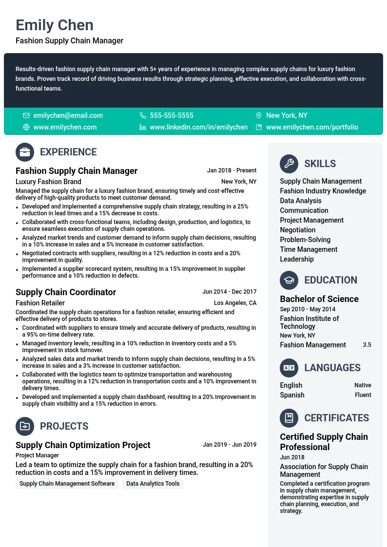 Fashion Supply Chain Manager resume example