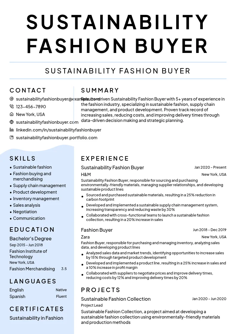 Sustainability Fashion Buyer resume example