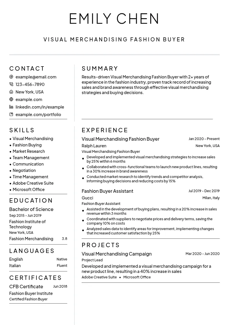 Visual Merchandising Fashion Buyer resume example