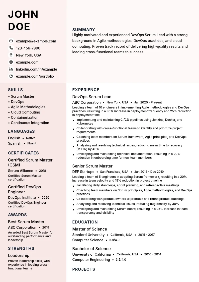 DevOps Scrum Lead resume example