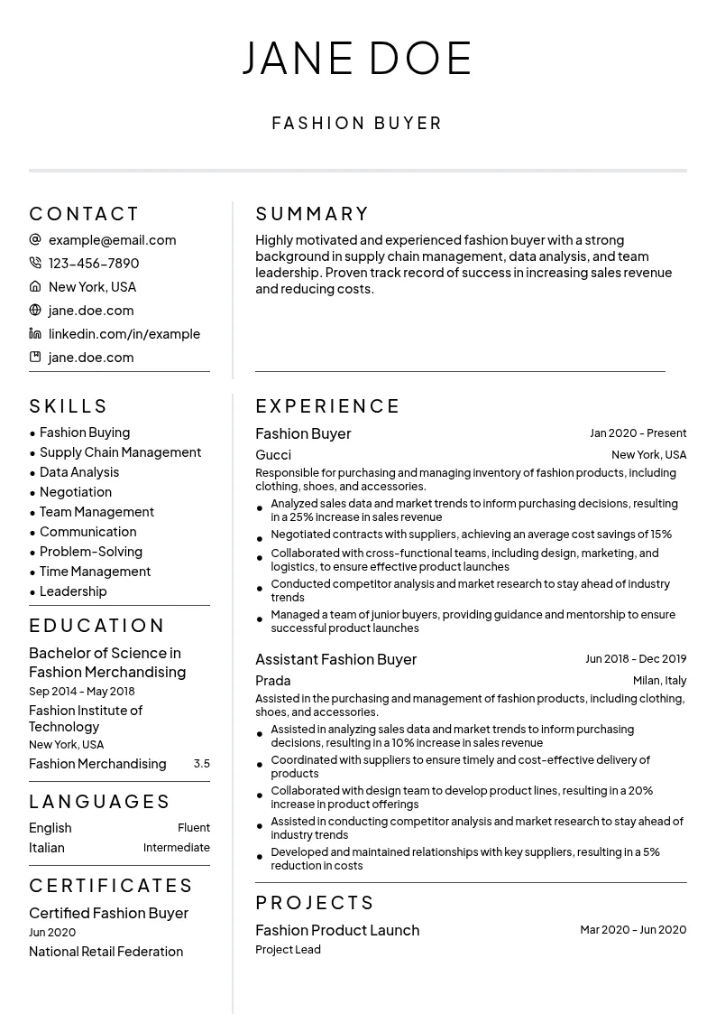 Fashion Presentation Buyer resume example