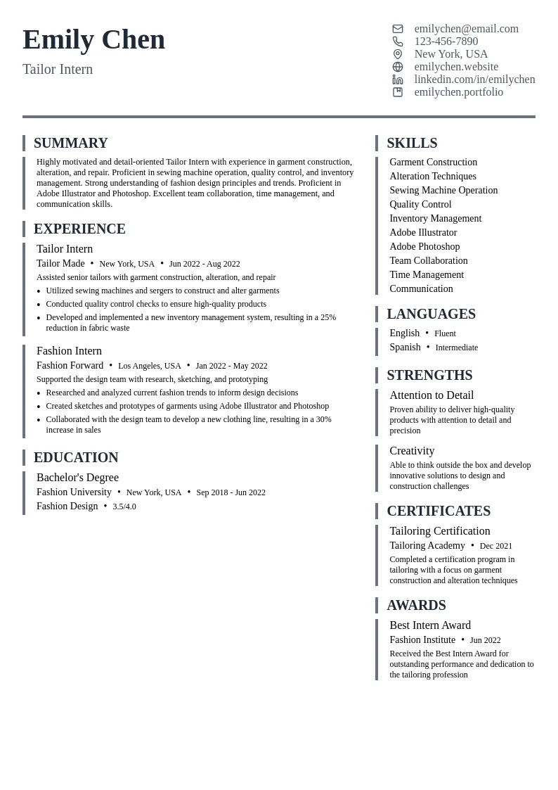 Tailor Intern resume example