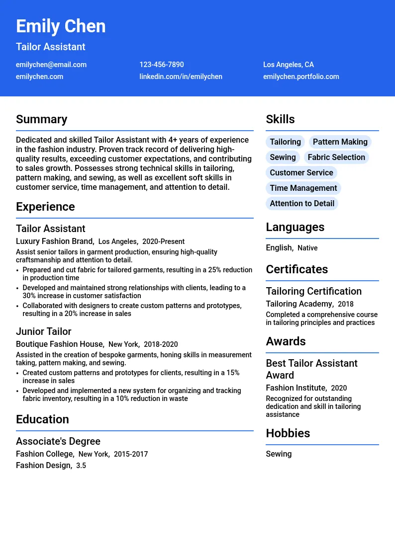 Tailor Assistant resume example