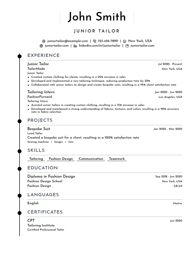 Junior Tailor resume example