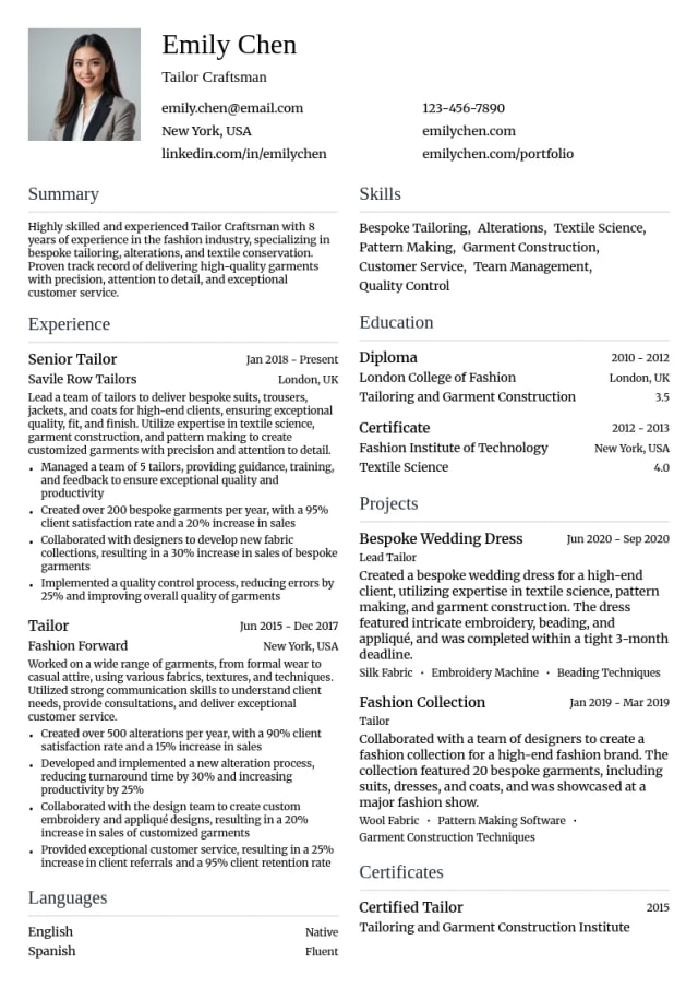 Tailor Craftsman resume example