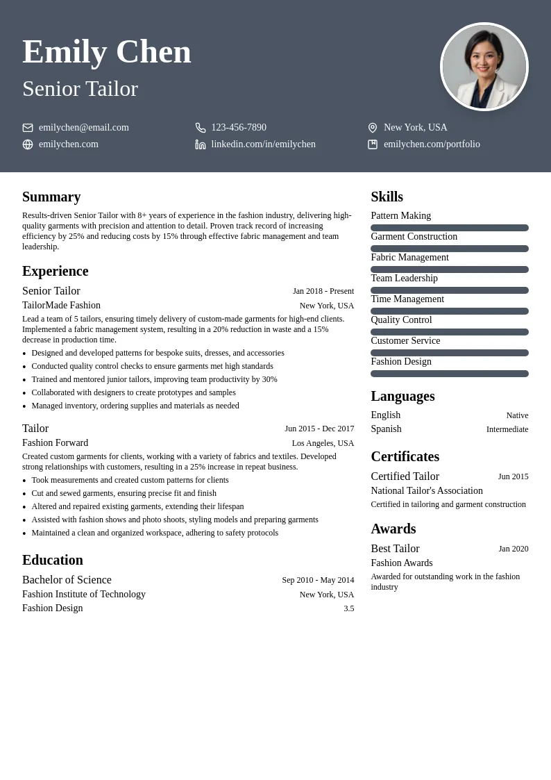 Senior Tailor resume example