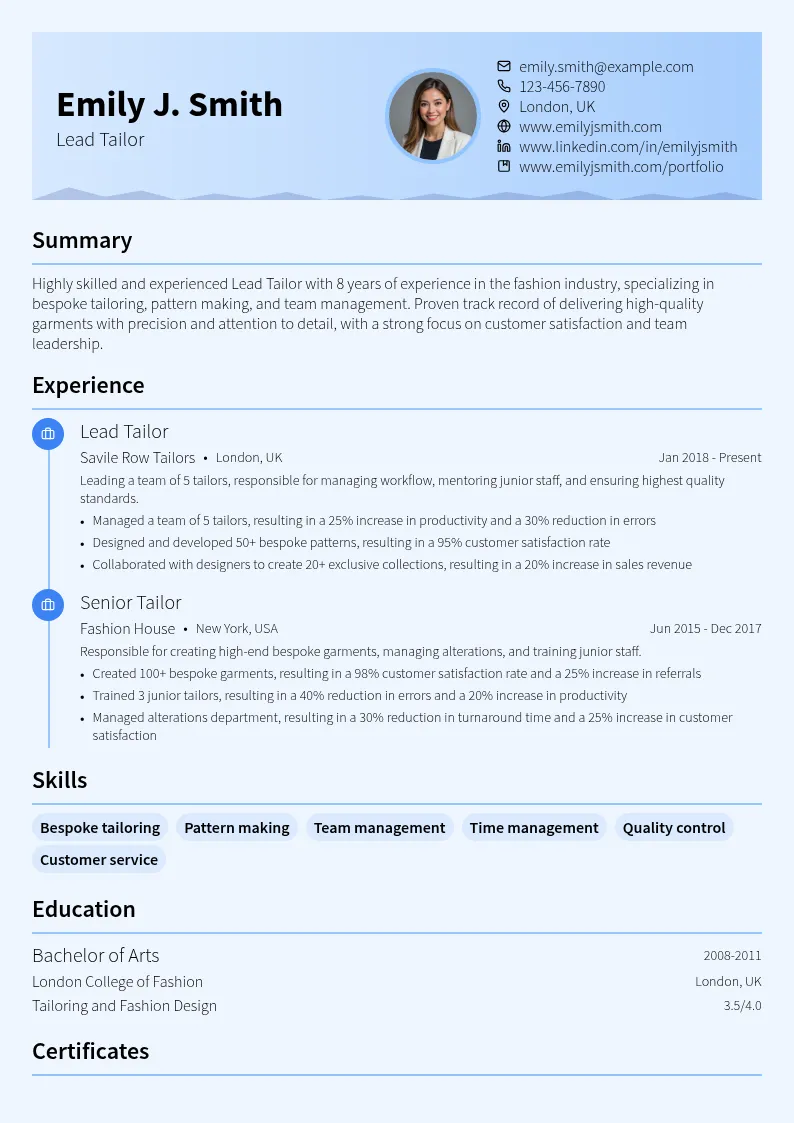 Lead Tailor resume example