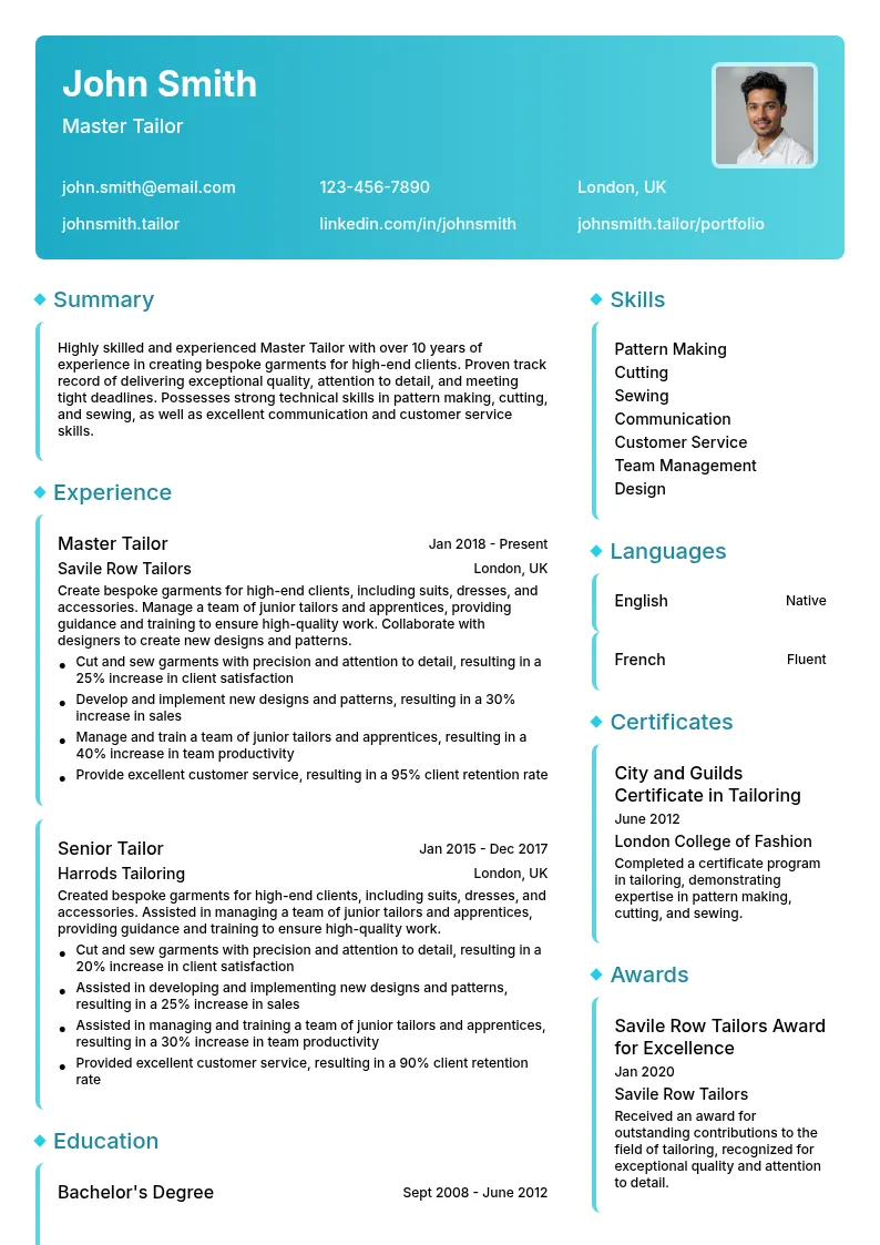 Master Tailor resume example