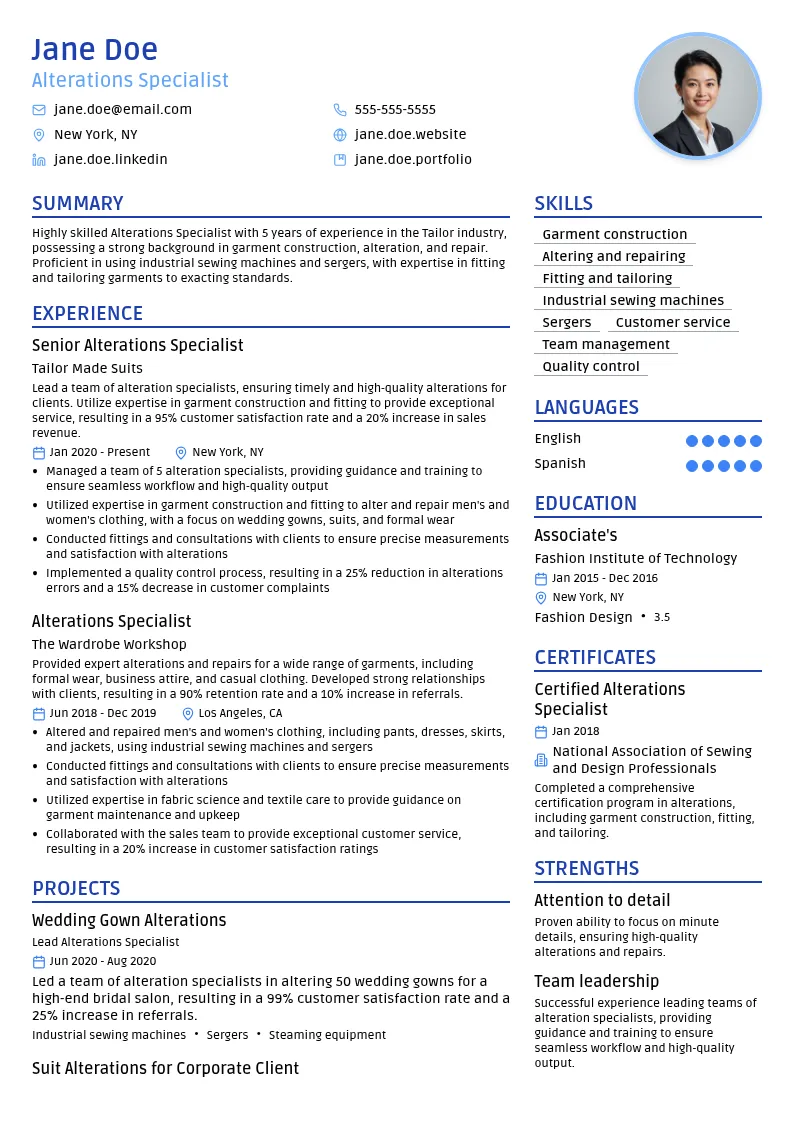 Alterations Specialist resume example