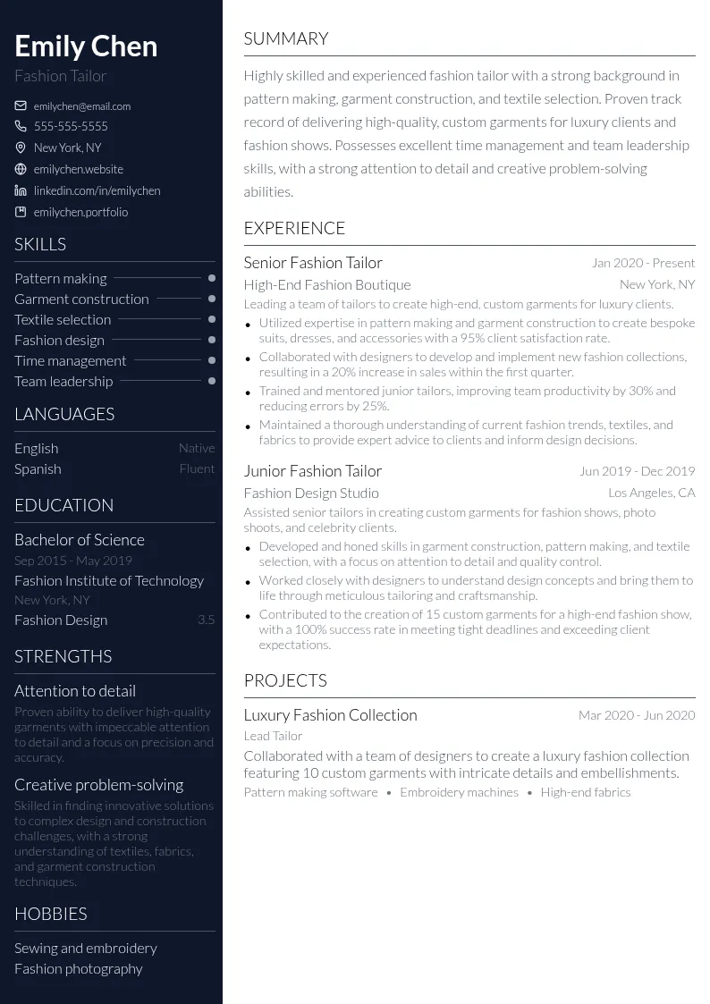 Fashion Tailor resume example