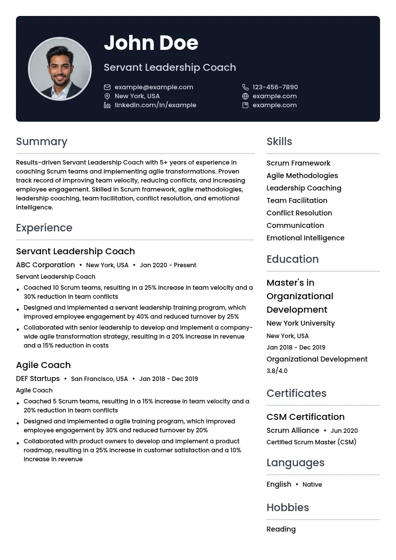 Servant Leadership Coach resume example
