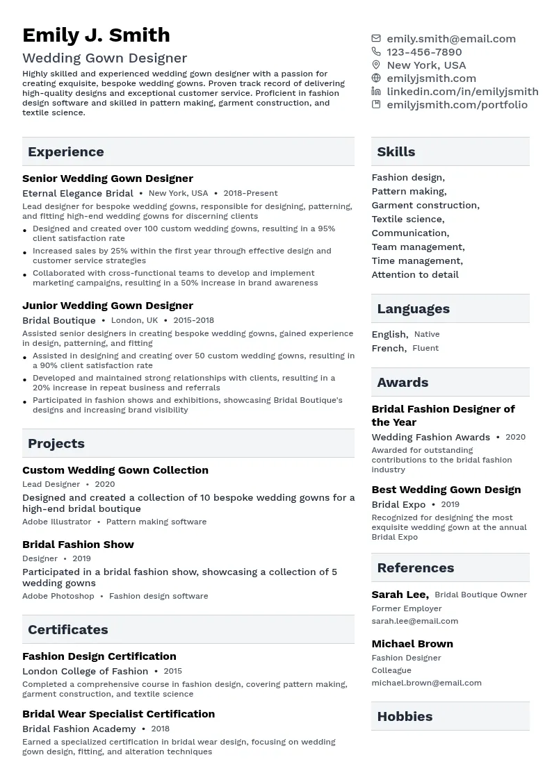 Wedding Gown Designer resume example