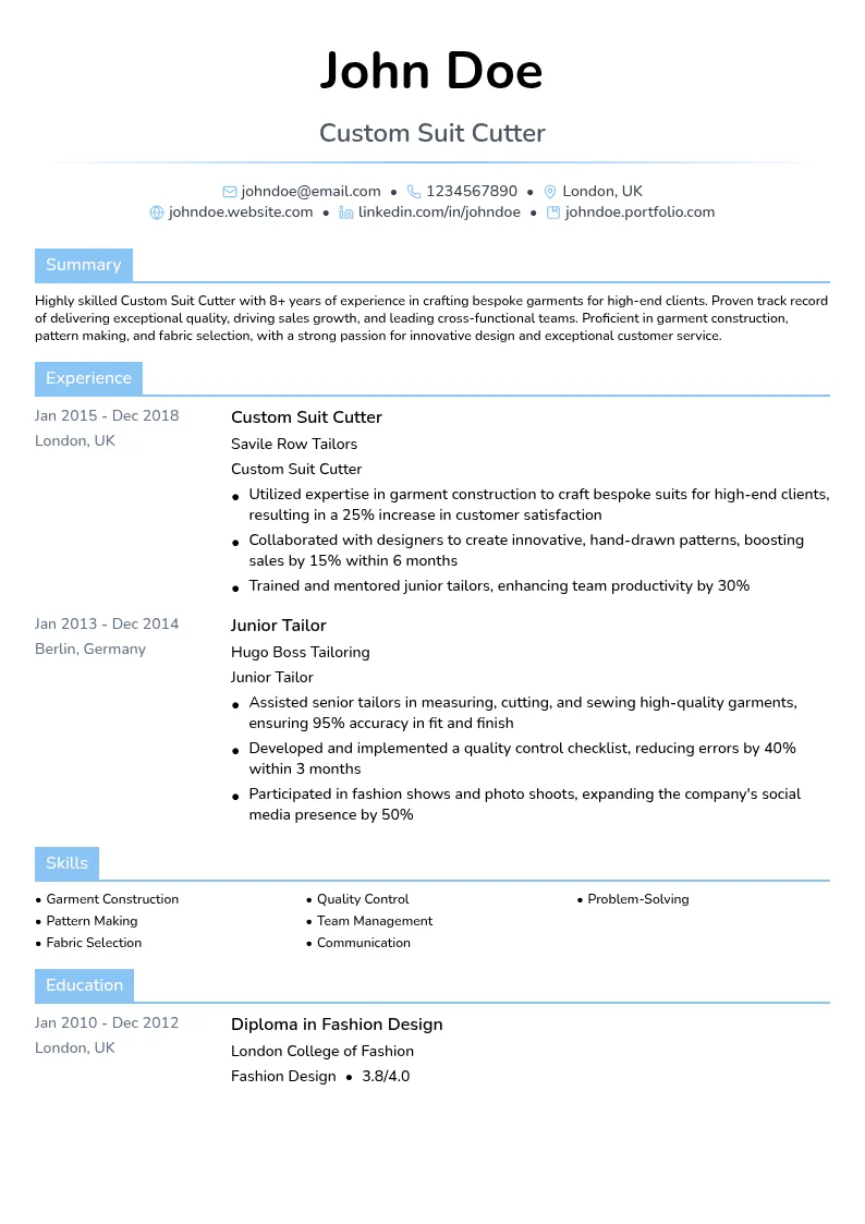 Custom Suit Cutter resume example