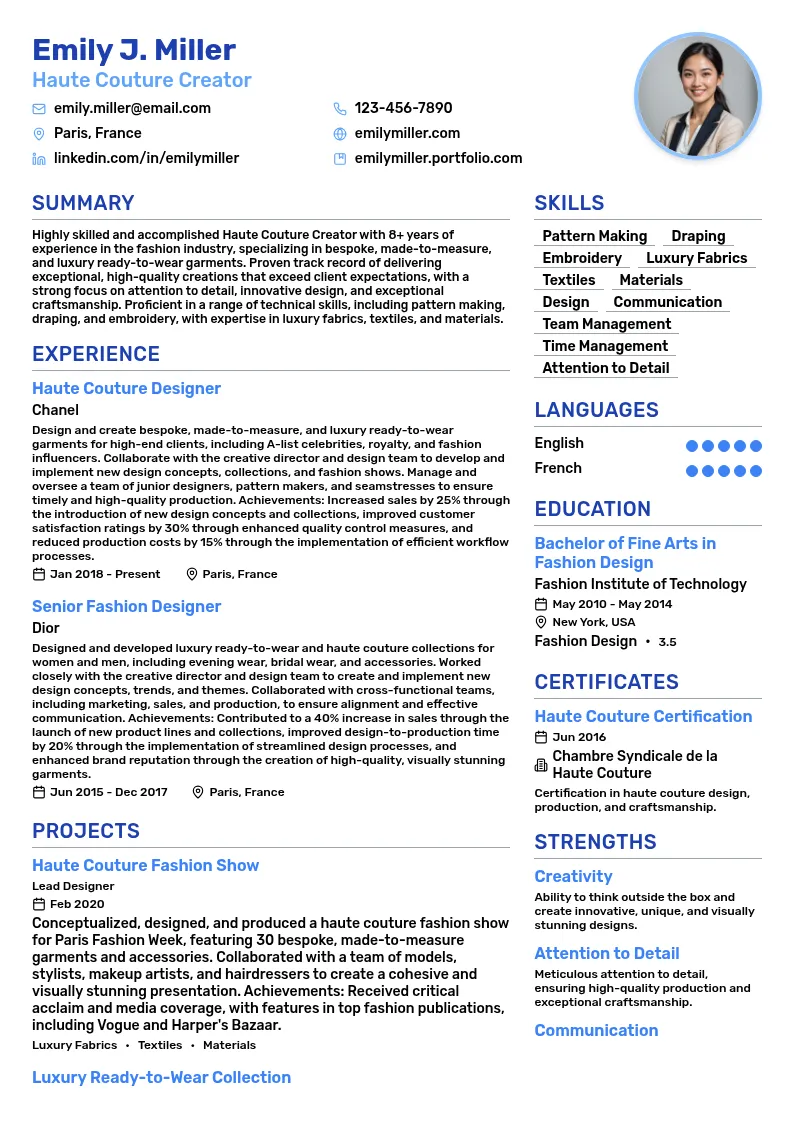 Haute Couture Creator resume example