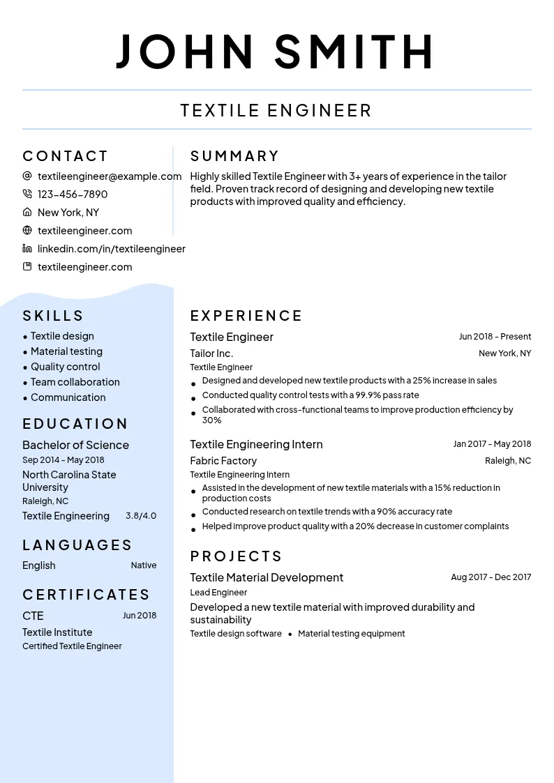 Textile Engineer resume example