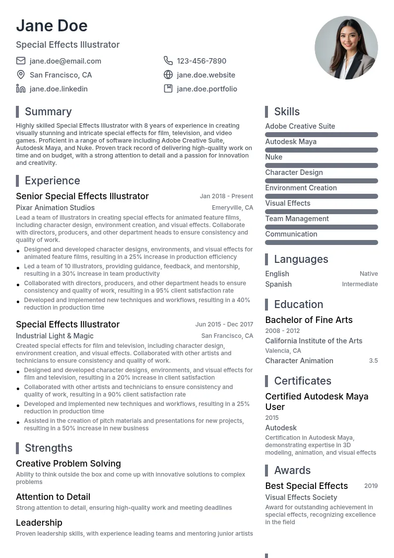 Special Effects Illustrator resume example