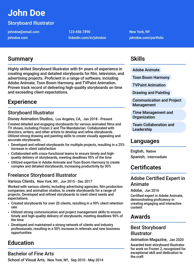 Storyboard Illustrator resume example