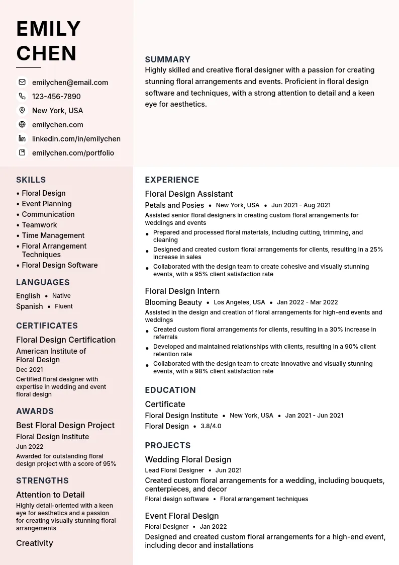 Floral Design Intern resume example