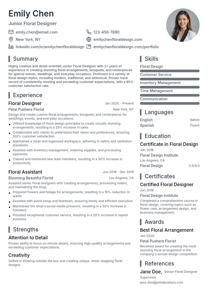 Junior Floral Designer resume example
