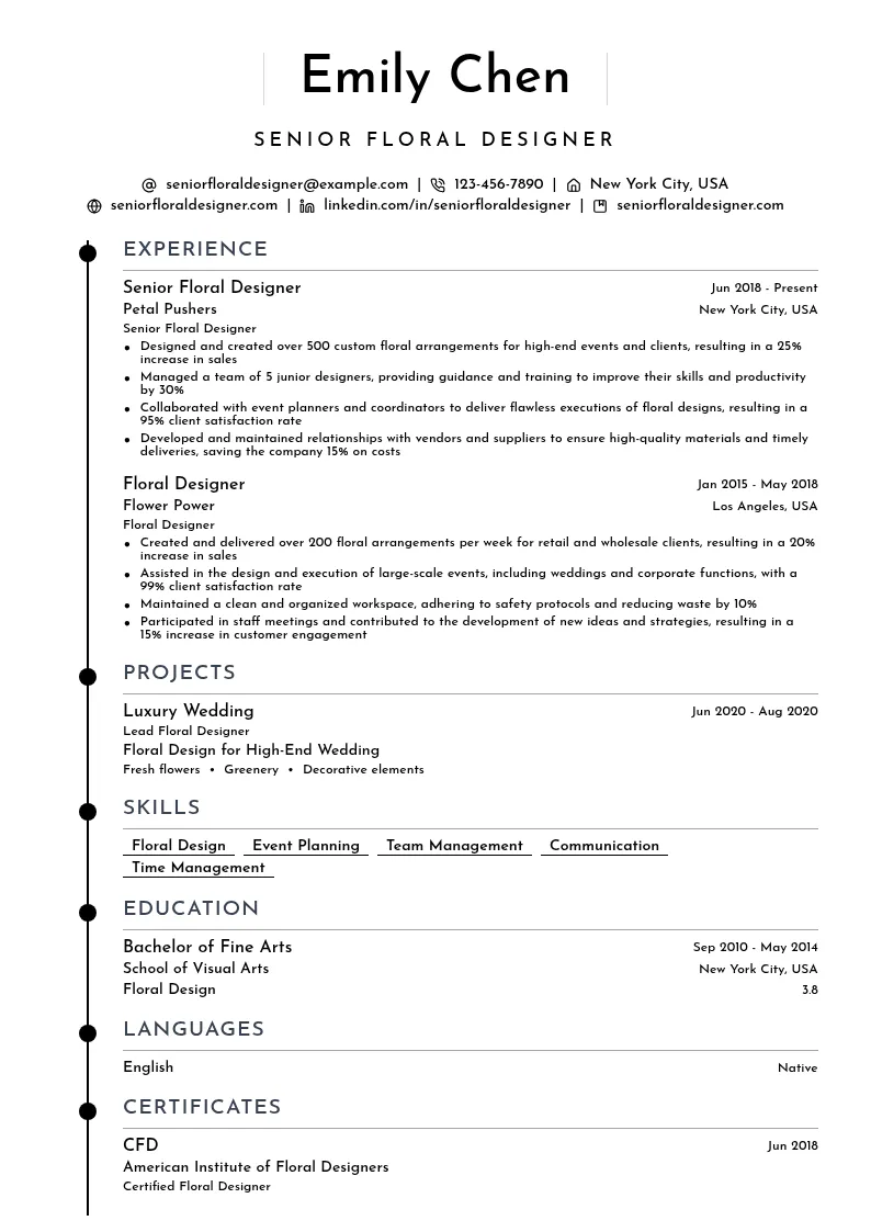 Senior Floral Designer resume example