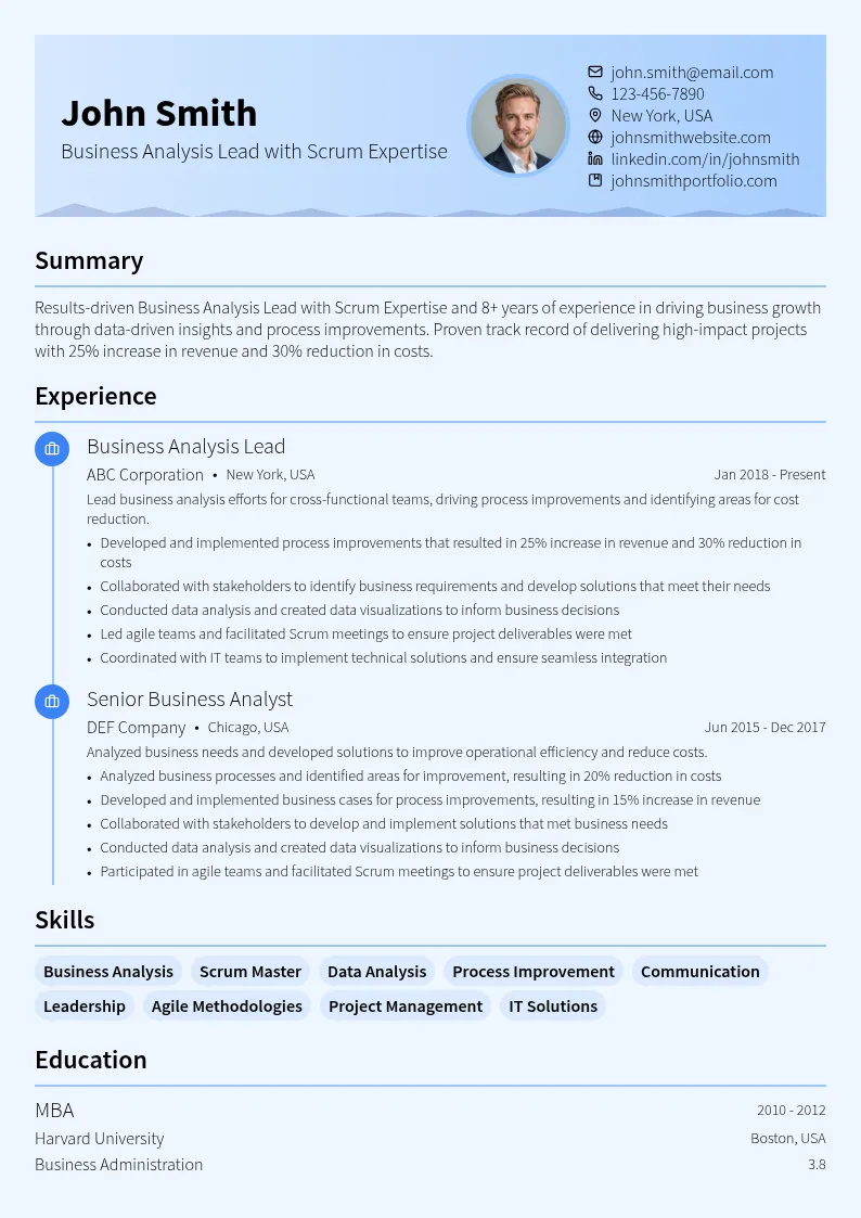 Business Analysis Lead with Scrum Expertise resume example