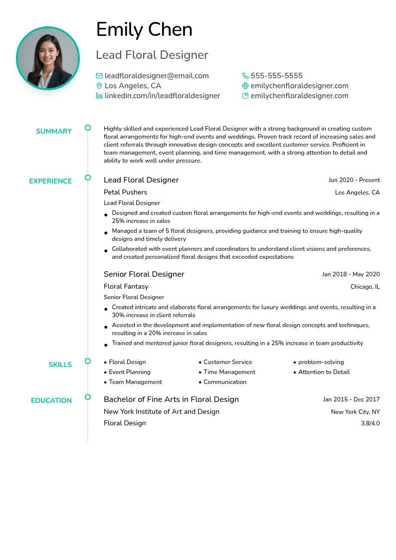 Lead Floral Designer resume example