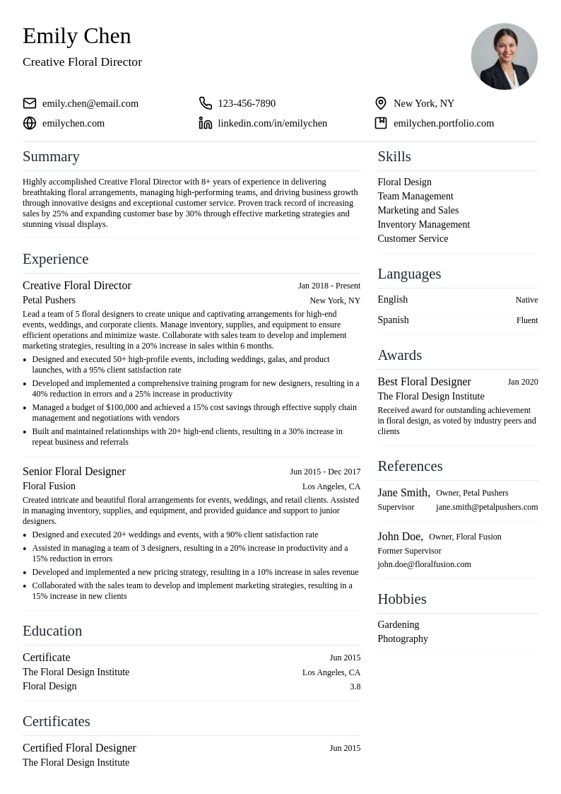 Creative Floral Director resume example