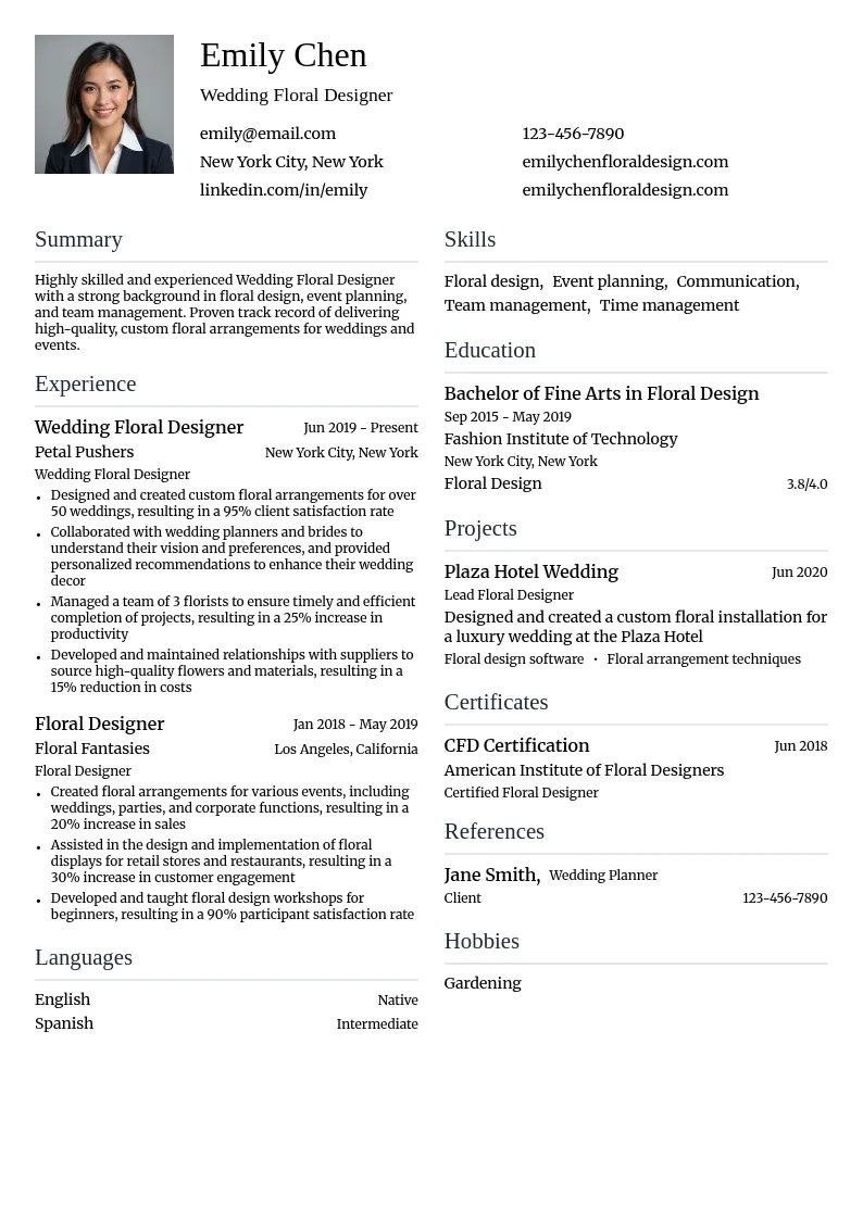 Wedding Floral Designer resume example