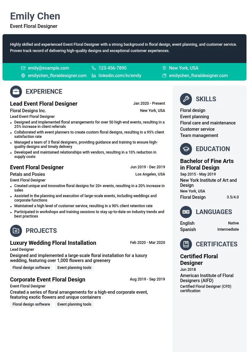 Event Floral Designer resume example