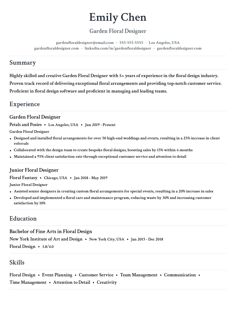 Garden Floral Designer resume example