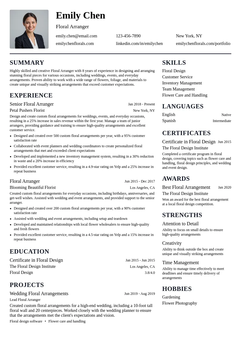 Floral Arranger resume example