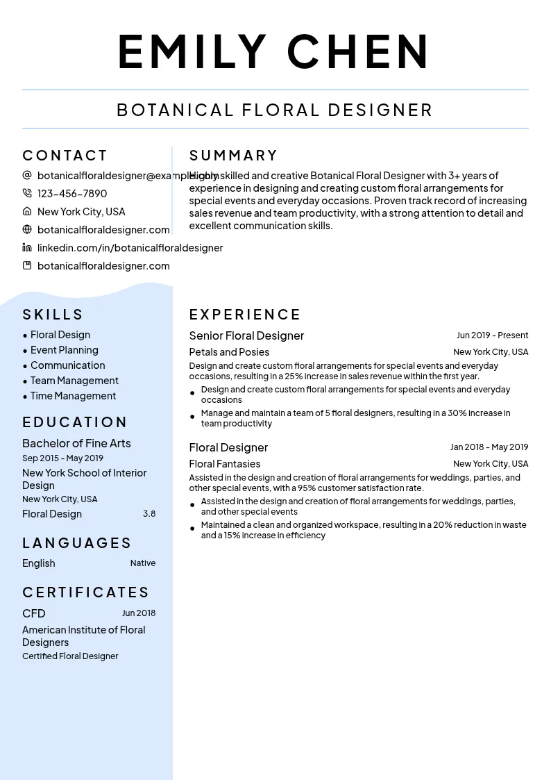 Botanical Floral Designer resume example
