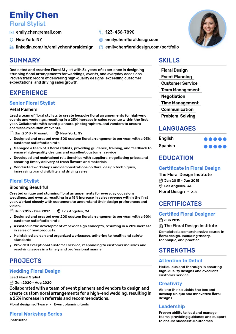 Floral Stylist resume example