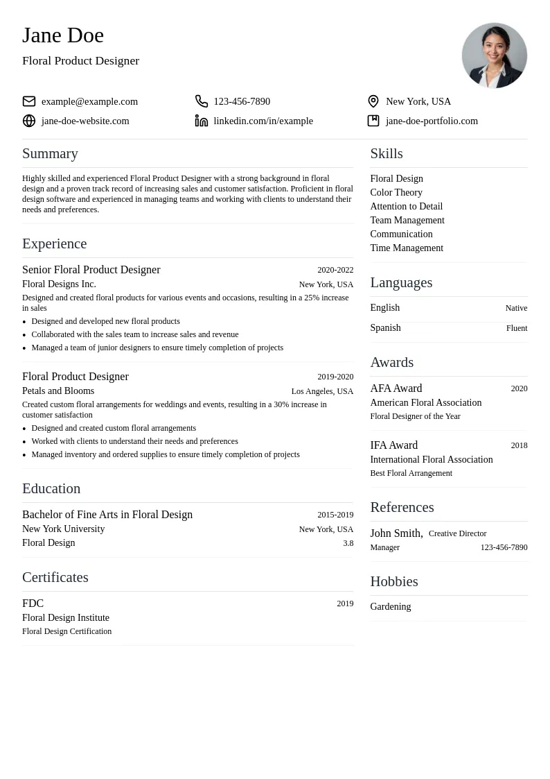 Floral Product Designer resume example