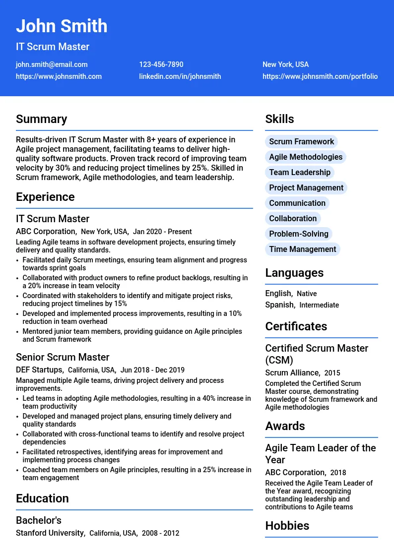 IT Scrum Master resume example