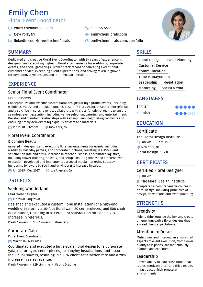 Floral Event Coordinator resume example