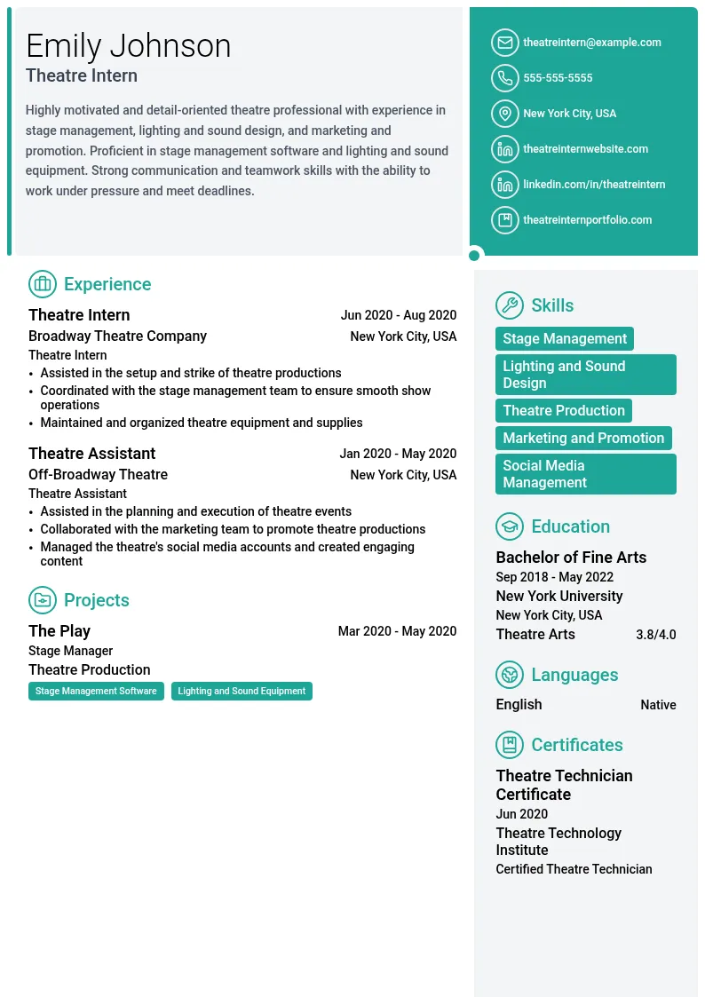 Theatre Intern resume example