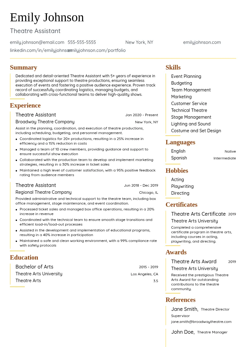 Theatre Assistant resume example