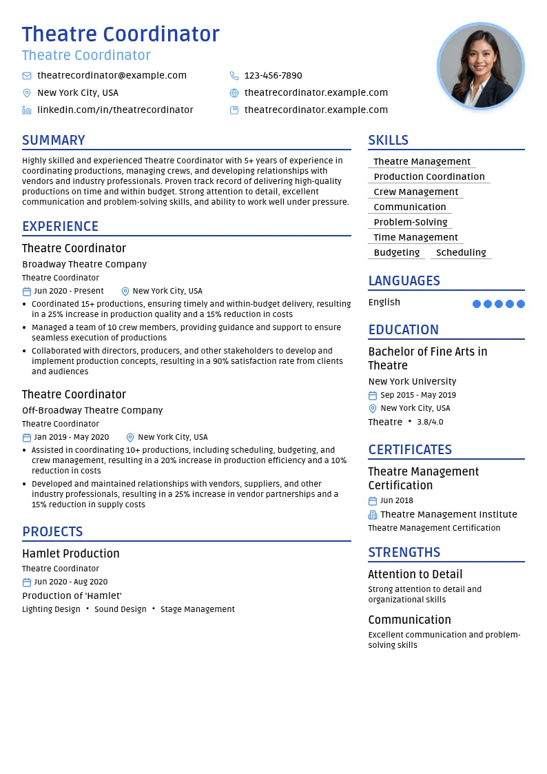 Theatre Coordinator resume example