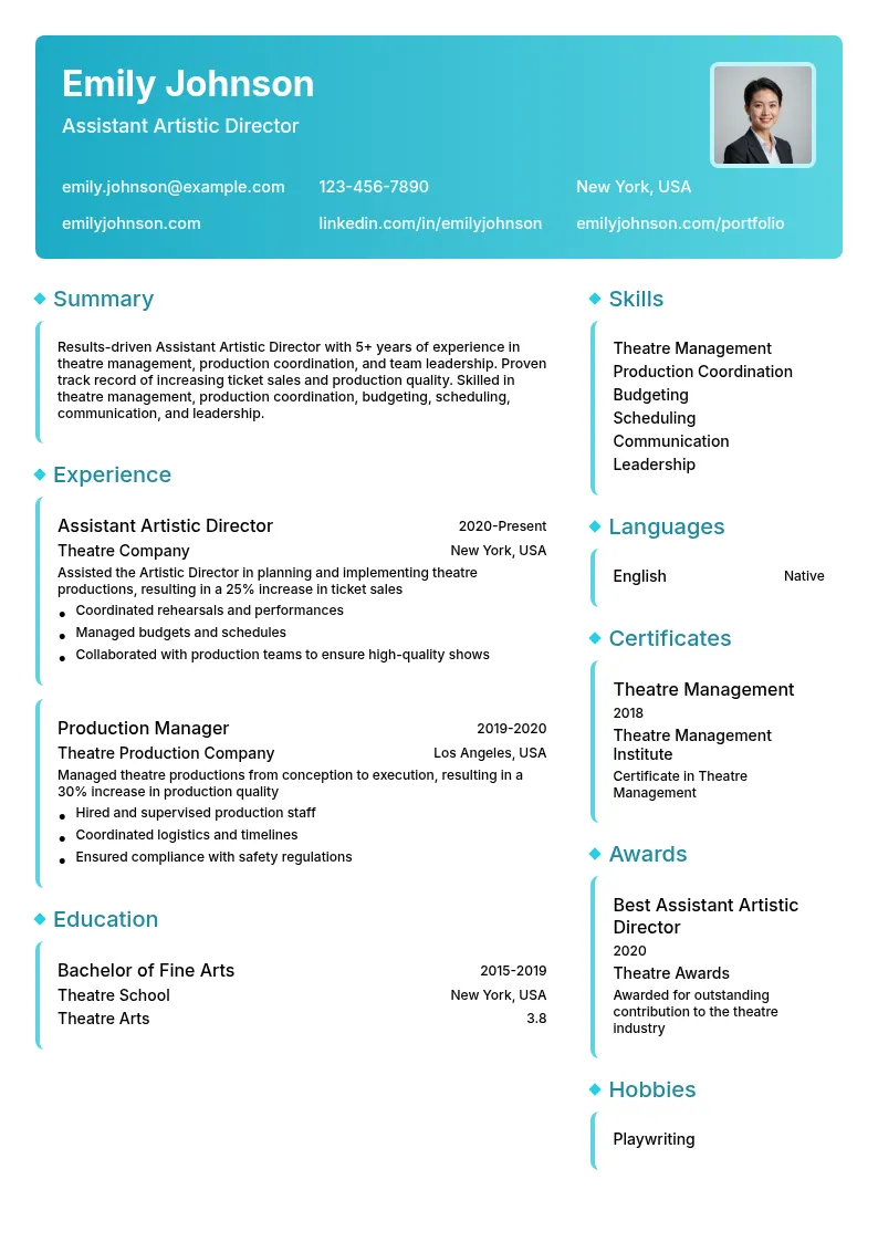 Assistant Artistic Director resume example