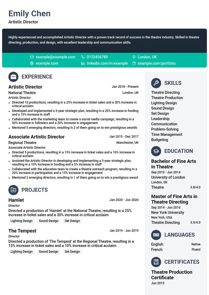 Artistic Director resume example