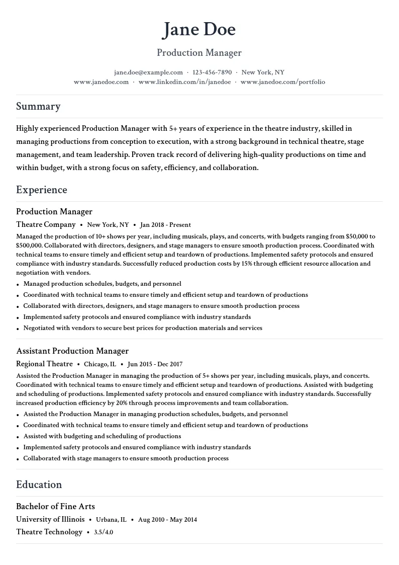 Production Management resume example