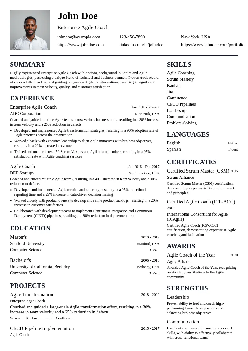 Enterprise Agile Coach resume example
