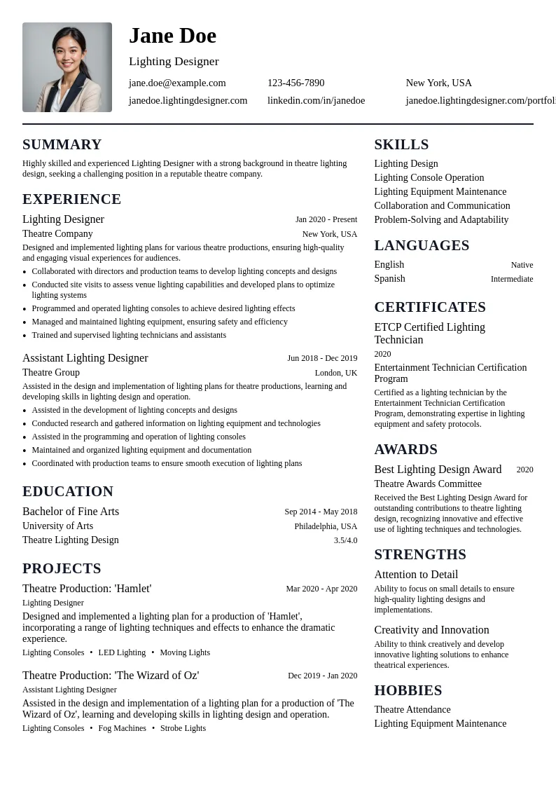 Lighting Design resume example