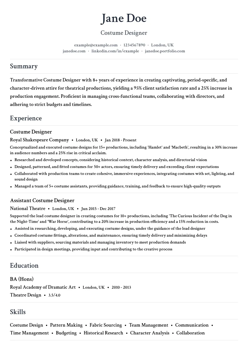 Costume Design resume example